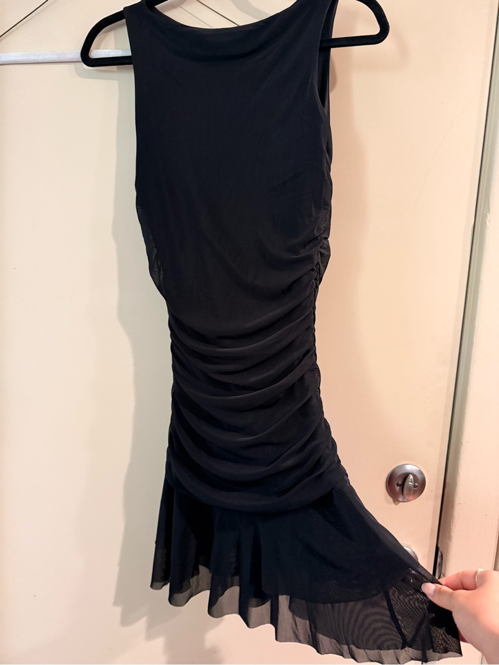 Sleeveless Ruched Black Mesh Dress with Layered Hem